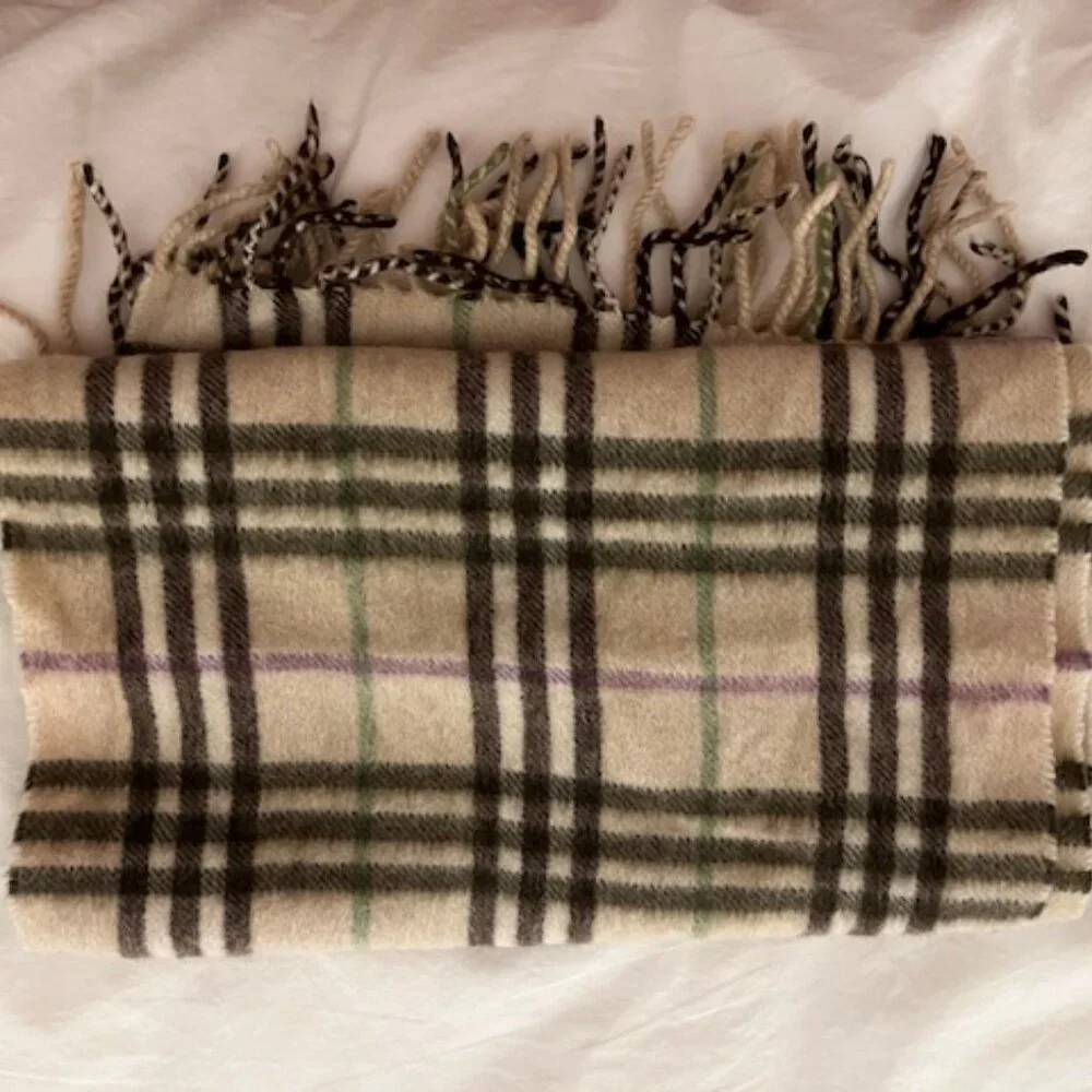 Burberry London Scarf 100% Cashmere Ivory Green and Purple - Picture 3 of 3